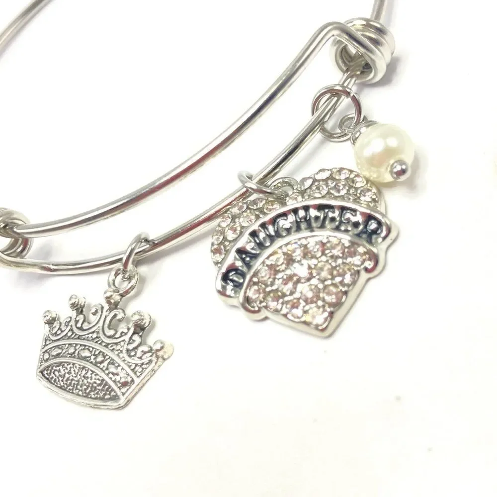 Silver Daughter Heart and Crown Charm Bangle Bracelet